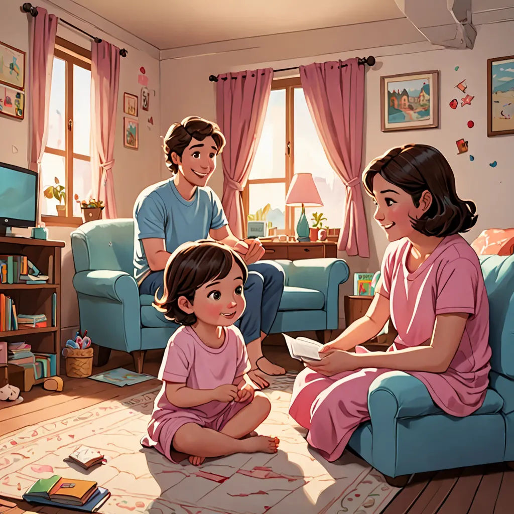 a family sitting on a couch in a living room with a tv and a bookcase in the background, american scene painting, a storybook illustration, Alejandro Burdisio, rossdraws global illumination