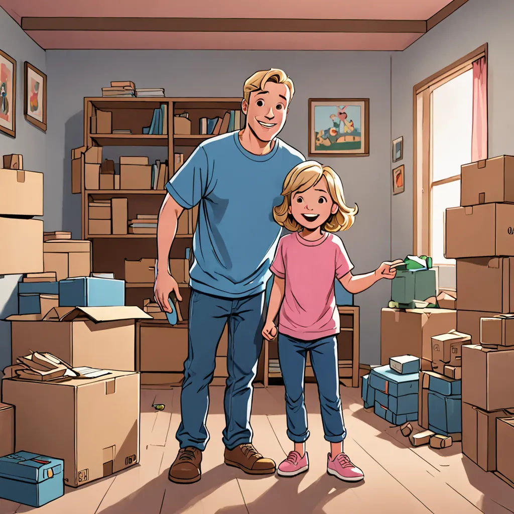 a man and a little girl standing in a room full of boxes and boxes on the floor and boxes on the walls, process art, a storybook illustration, Christopher Moeller, storybook illustration