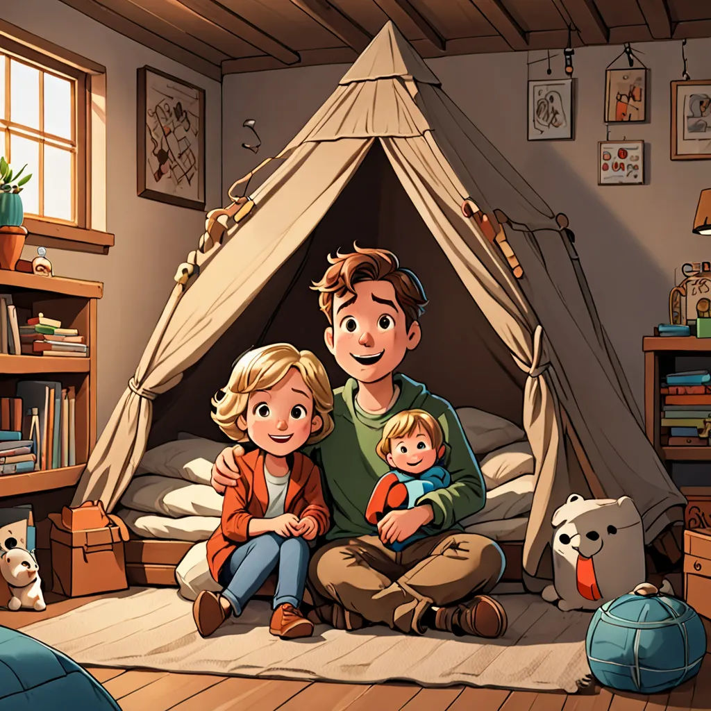 a man and a woman sitting on a bed with a child in a tent in the middle of the room, lyco art, a storybook illustration, Diego Gisbert Llorens, rossdraws global illumination