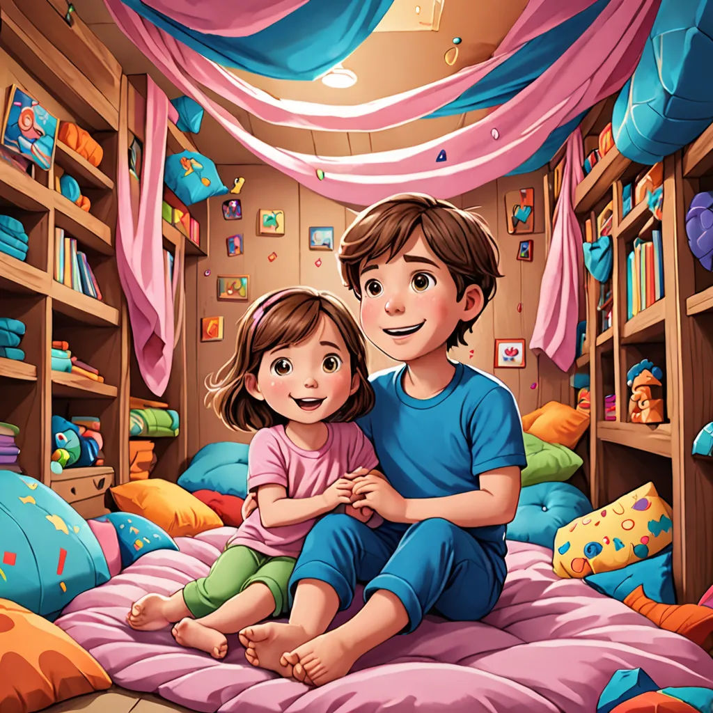 a boy and girl sitting on a bed in a room with bookshelves and a pink drapes, lyco art, a storybook illustration, Diego Gisbert Llorens, storybook illustration