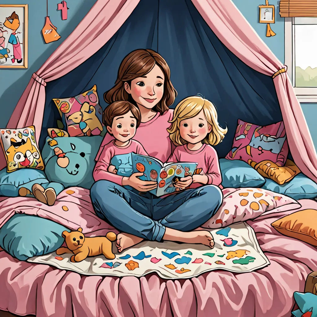 a woman and two children are reading a book in a bed with a canopy over them and a pink bed cover, lyco art, a storybook illustration, Diego Gisbert Llorens, storybook illustration