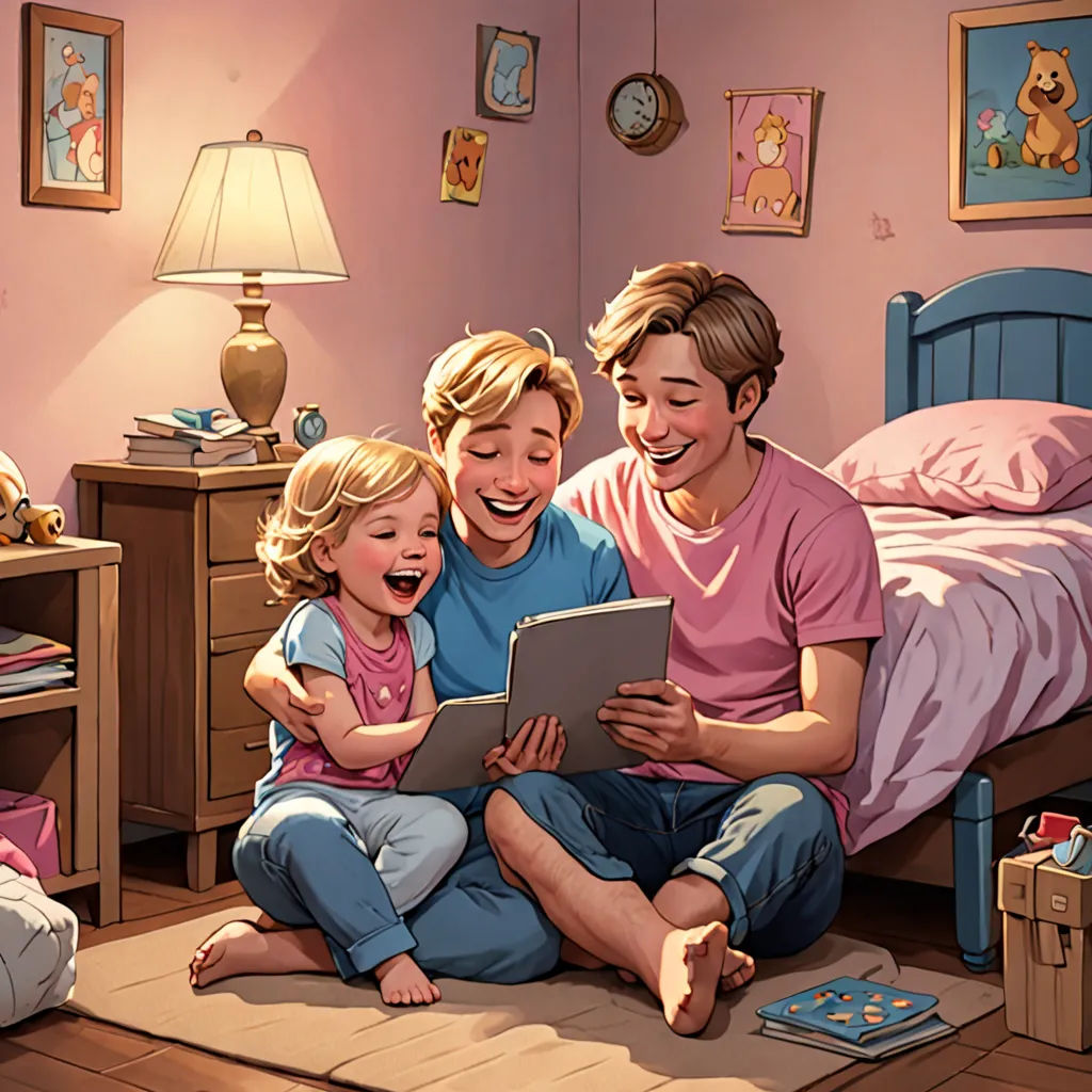 a family is sitting on the floor in a bedroom and looking at a tablet computer screen while laughing and laughing, american scene painting, a storybook illustration, Diego Gisbert Llorens, storybook illustration