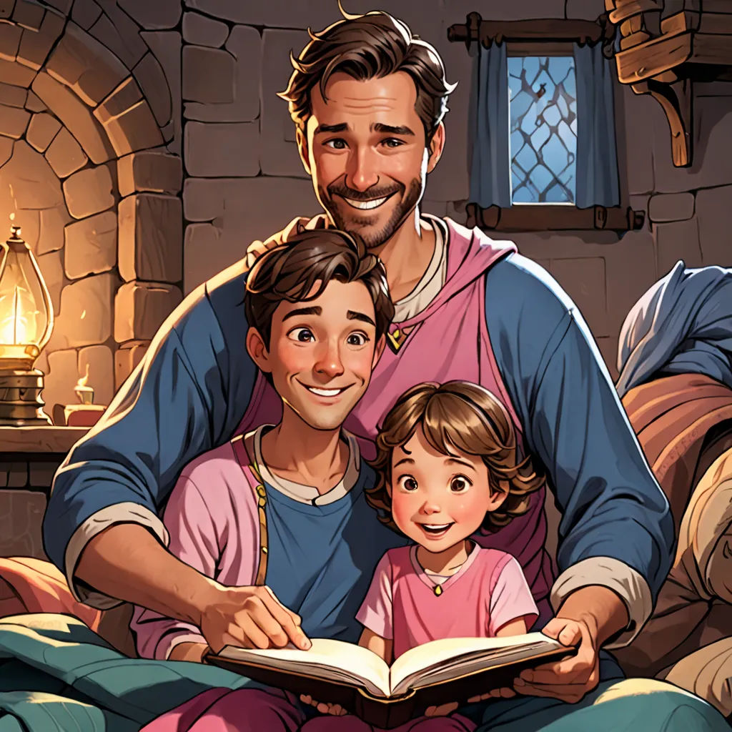 a man and a little girl are sitting on a bed reading a book together, with a fireplace in the background, furry art, a storybook illustration, Diego Gisbert Llorens, storybook illustration