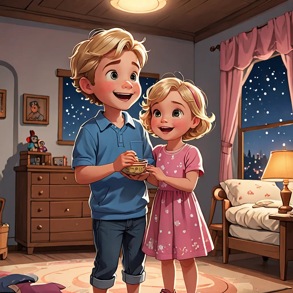 a boy and a girl standing in a room with a bed and a window in the background and a rug on the floor, american scene painting, a storybook illustration, Cliff Childs, storybook illustration