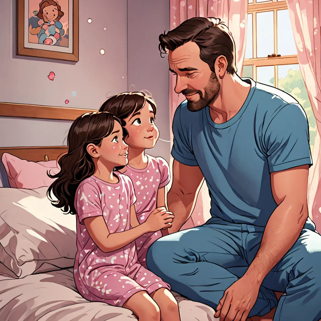 a man and a little girl sitting on a bed in a bedroom with pink curtains and a window with pink curtains, figurativism, a storybook illustration, Aaron Jasinski, kinkade