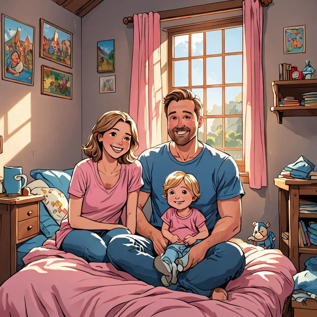 a man and woman sitting on a bed with a child in front of them and a window with pink curtains, american scene painting, a storybook illustration, disney, pixar style