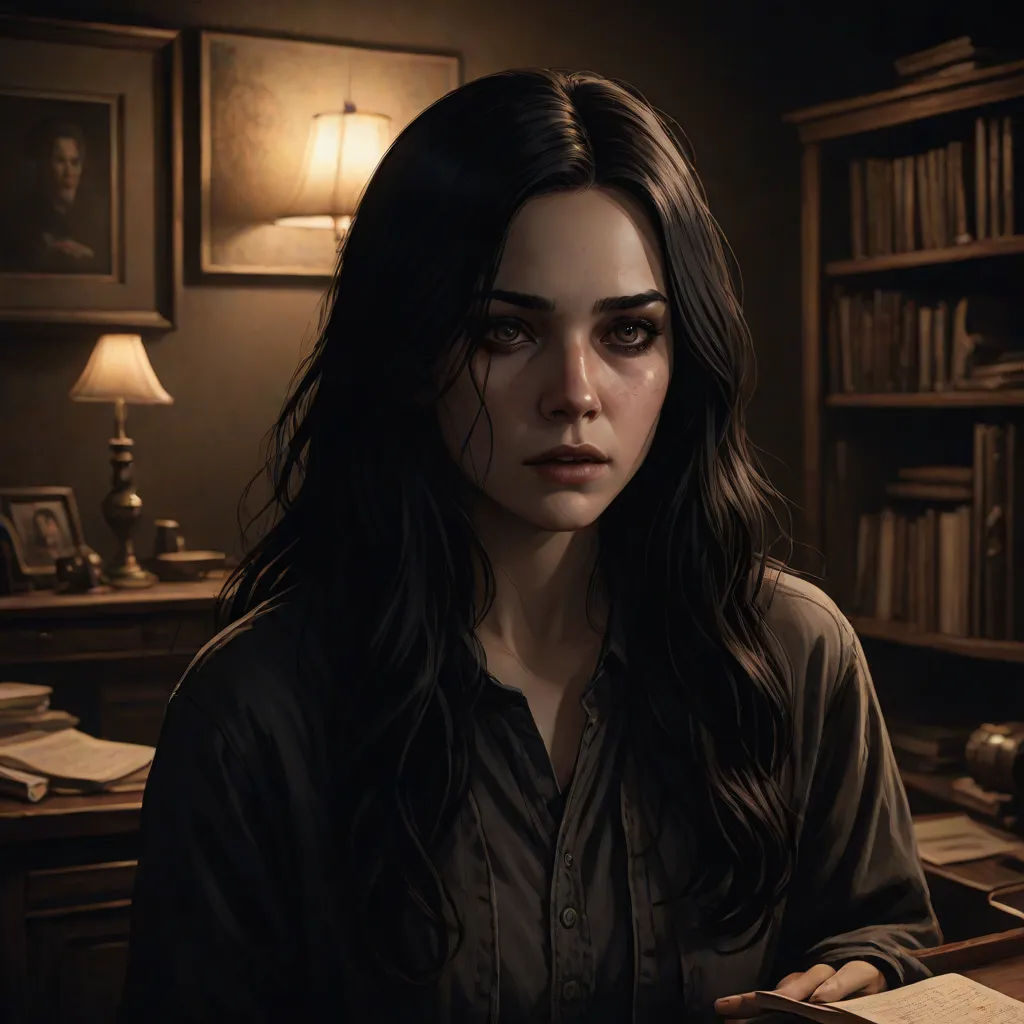 a woman sitting at a desk in a dark room with a book and lamp on it's side, leesha hannigan, gothic art, a detailed painting, Charlie Bowater