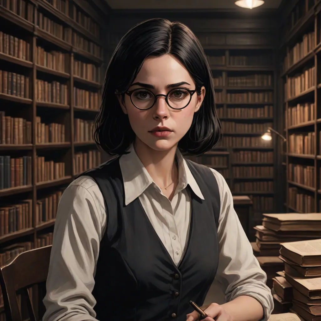 a woman in glasses sitting at a table in a library with stacks of books behind her and a pen in her hand, official art, academic art, a character portrait, Cedric Peyravernay