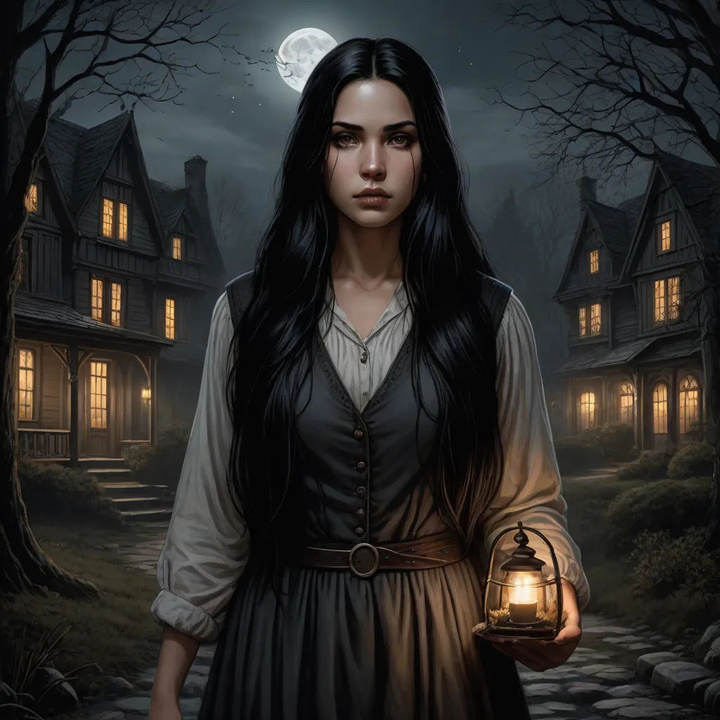 a woman holding a lantern in front of a house at night with a full moon in the sky above her, epic fantasy character art, gothic art, a character portrait, Anne Stokes
