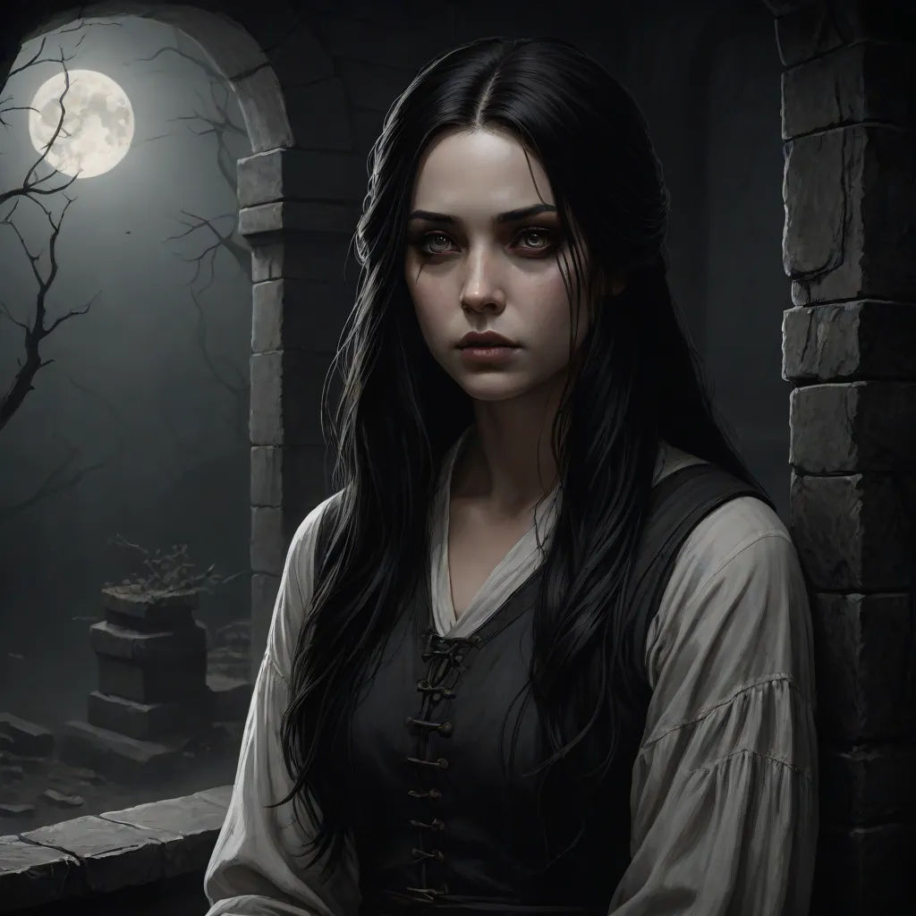 a woman with long hair standing in front of a window with a full moon behind her and a creepy looking face, leesha hannigan, gothic art, a character portrait, Charlie Bowater