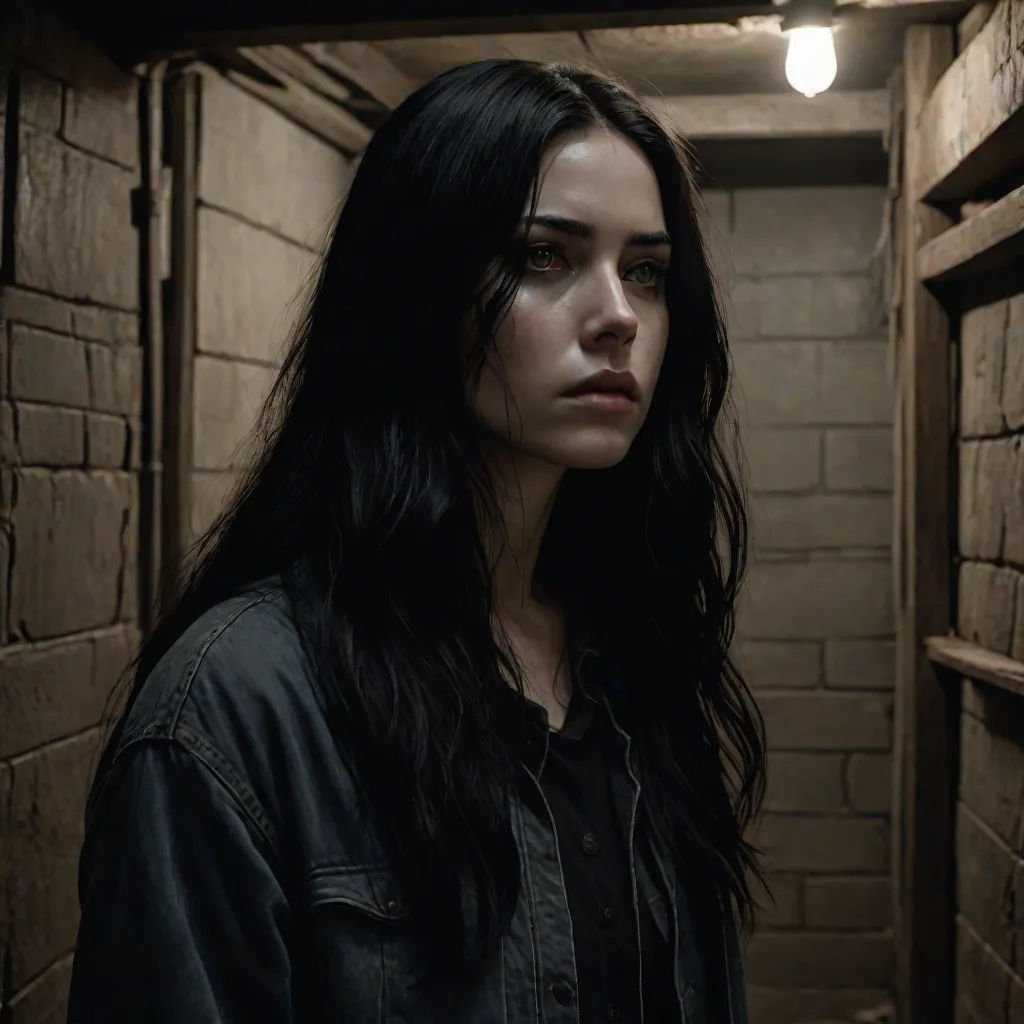 a woman standing in a dark room with a light on her head and a brick wall behind her,, long dark hair, antipodeans, a character portrait, Aramenta Dianthe Vail