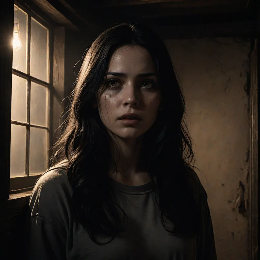 a woman standing in front of a window in a dark room with a light on her face and a curtain behind her, promotional image, visual art, a photorealistic painting, casey baugh