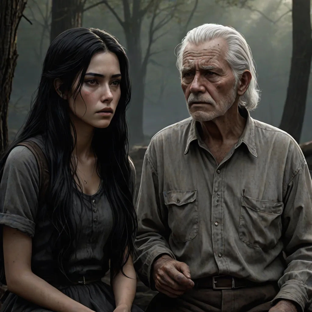 a woman and an older man sitting next to each other in a forest with trees and fog in the background, promotional image, photorealism, a hyperrealistic painting, Derold Page