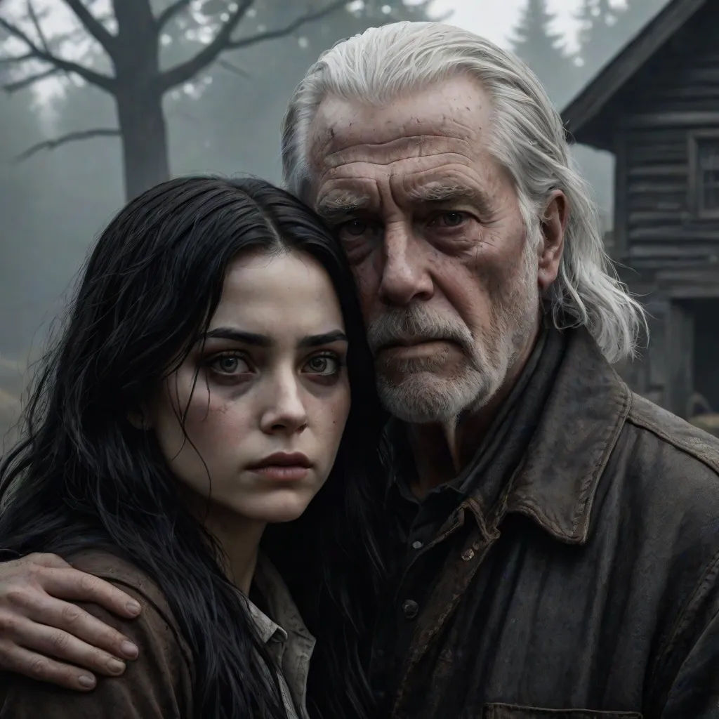 a man and a woman standing next to each other in a forest with a cabin in the background and fog, promotional image, international gothic, a character portrait, Dirk Crabeth