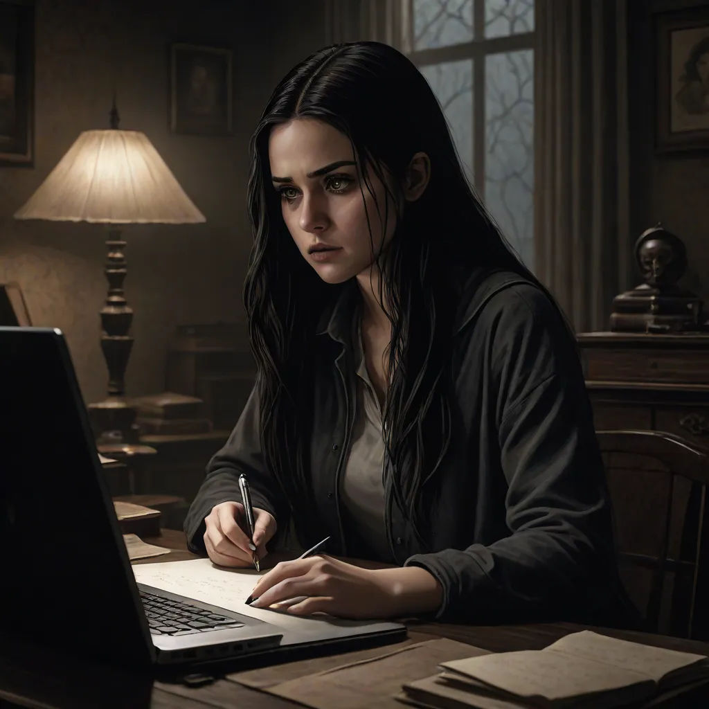 a woman sitting at a desk with a laptop and a pen in her hand and writing on a piece of paper, leesha hannigan, sots art, a detailed matte painting, Dirk Crabeth