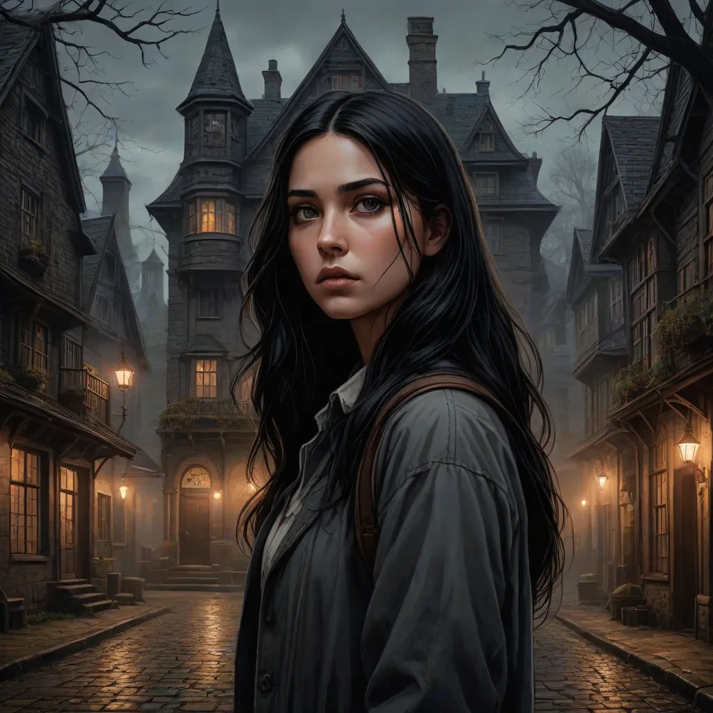a woman standing in front of a creepy looking house at night with a creepy looking face on her face, kinkade, fantasy art, a character portrait, Clint Cearley