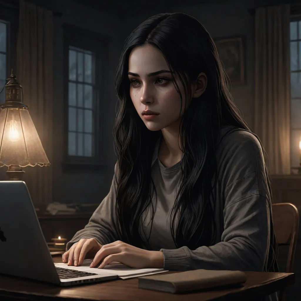 a woman sitting at a table with a laptop computer in front of her, with a lamp on the side, leesha hannigan, sots art, a character portrait, Charlie Bowater