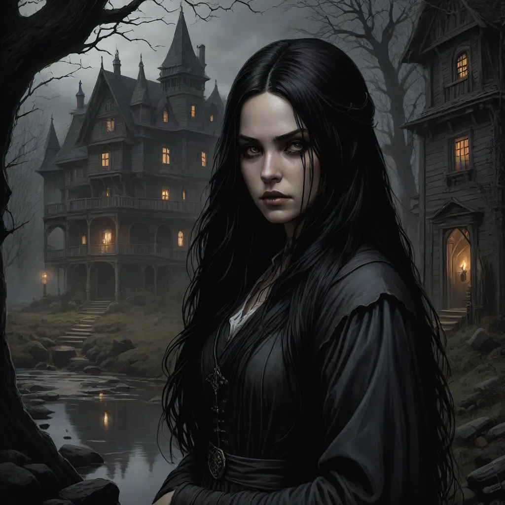 a woman standing in front of a house with a dark background and a pond in front of it, with a creepy looking building in the background, magic the gathering artwork, gothic art, a detailed painting, Art of Brom