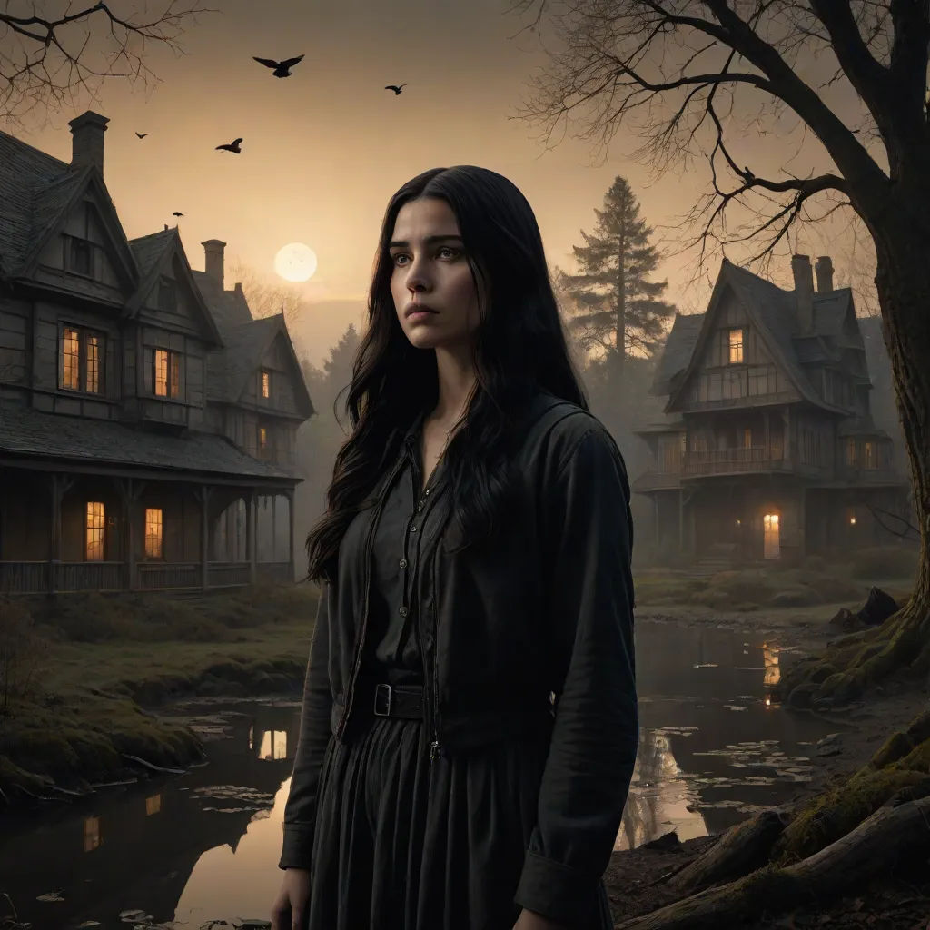 a woman standing in front of a house with a full moon in the background and a pond in front of her, promotional image, gothic art, a detailed matte painting, Dirk Crabeth
