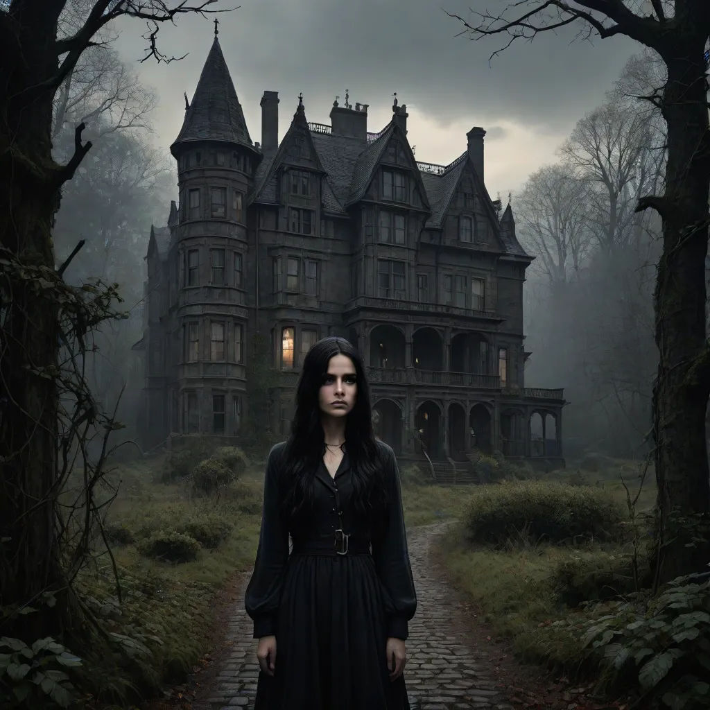 a woman in a black dress standing in front of a creepy house with a dark sky in the background, gothic, gothic art, a detailed matte painting, Dirk Crabeth