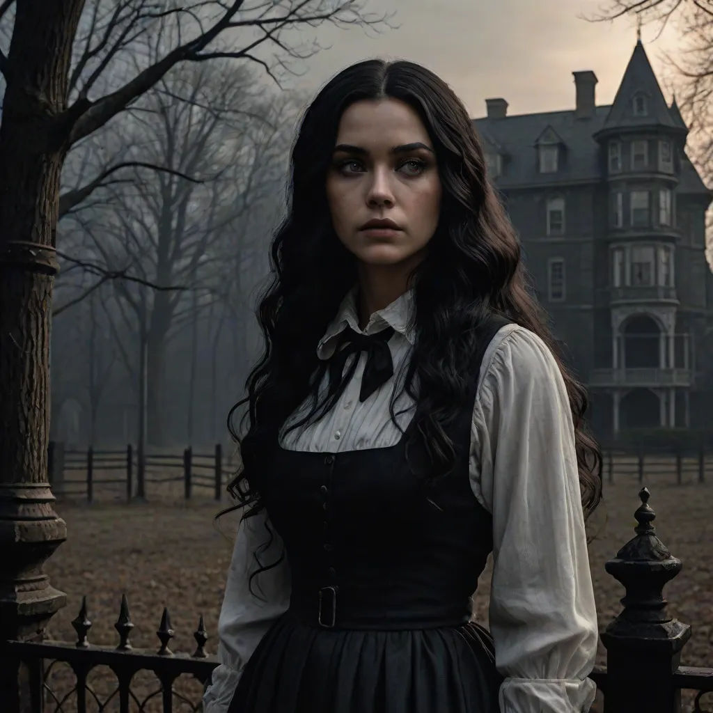 a woman in a dress standing in front of a fence with a creepy house in the background and a foggy sky, promotional image, gothic art, a character portrait, Araceli Gilbert