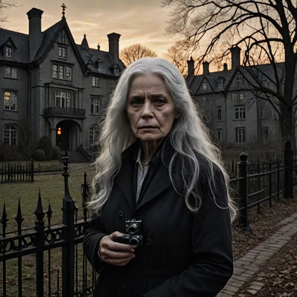 a woman with long white hair standing in front of a house with a camera in her hand and a camera in her hand, promotional image, international gothic, a character portrait, Annie Leibovitz