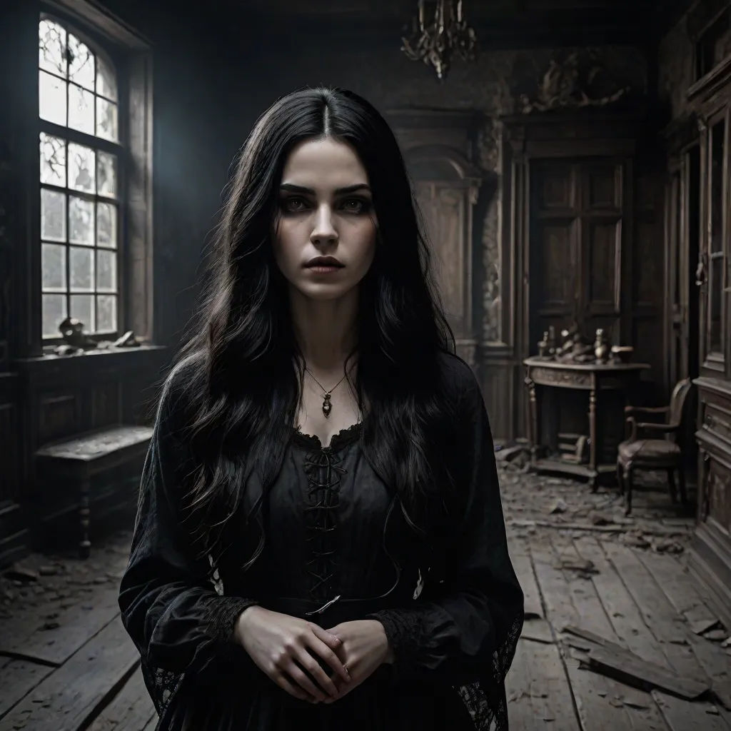 a woman in a dark room with a creepy look on her face and hands in her pockets, standing in front of a window, promotional image, gothic art, a character portrait, Araceli Gilbert