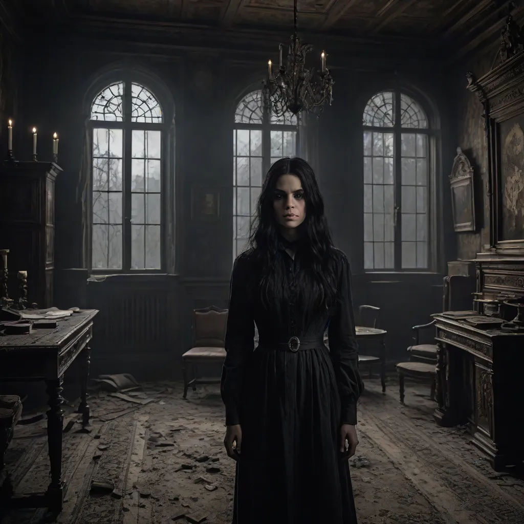 a woman in a dark room with a chandelier and a table with chairs and a piano in it, promotional image, gothic art, a character portrait, Aramenta Dianthe Vail