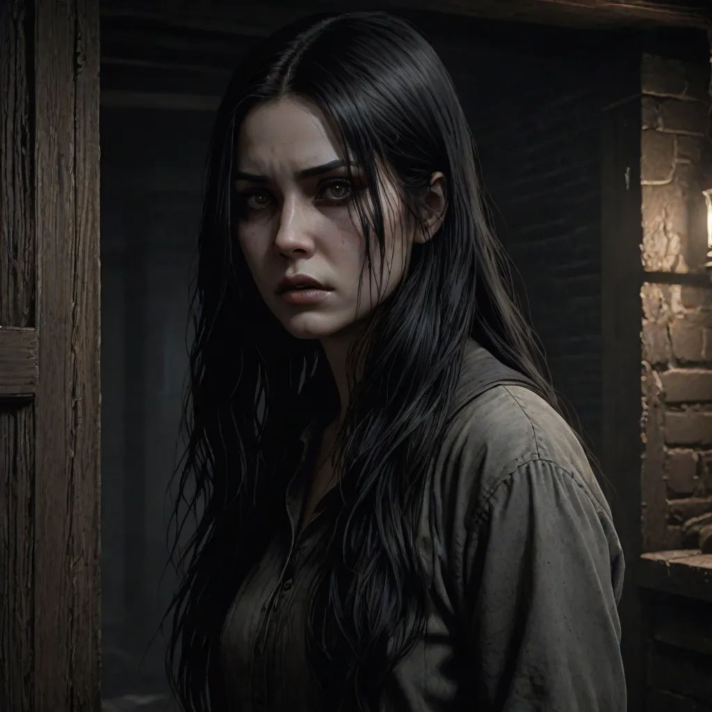a woman standing in a doorway with a creepy look on her face and long hair, in a dark room, promotional image, gothic art, a character portrait, Aleksi Briclot