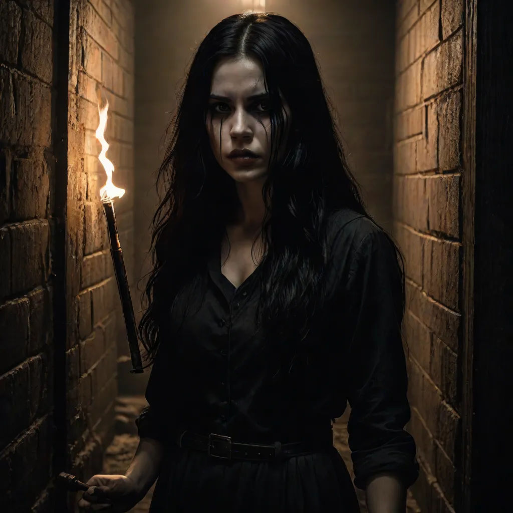 a woman holding a lit stick in a dark hallway with brick walls and a light bulb above her head, promotional image, gothic art, a character portrait, Dirk Crabeth
