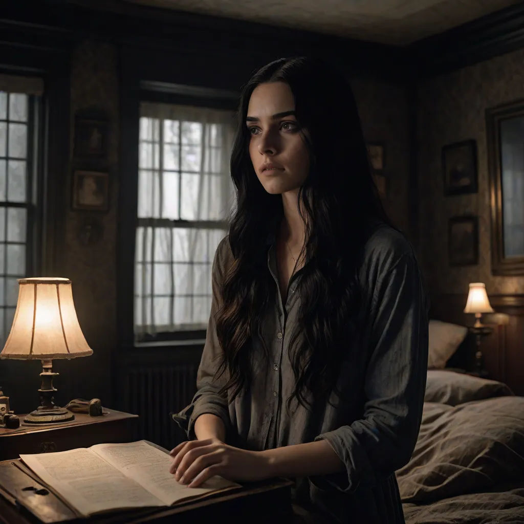 a woman sitting at a desk in a dark room with a lamp on it and a book open in front of her, vfx, gothic art, a detailed matte painting, Elinor Proby Adams