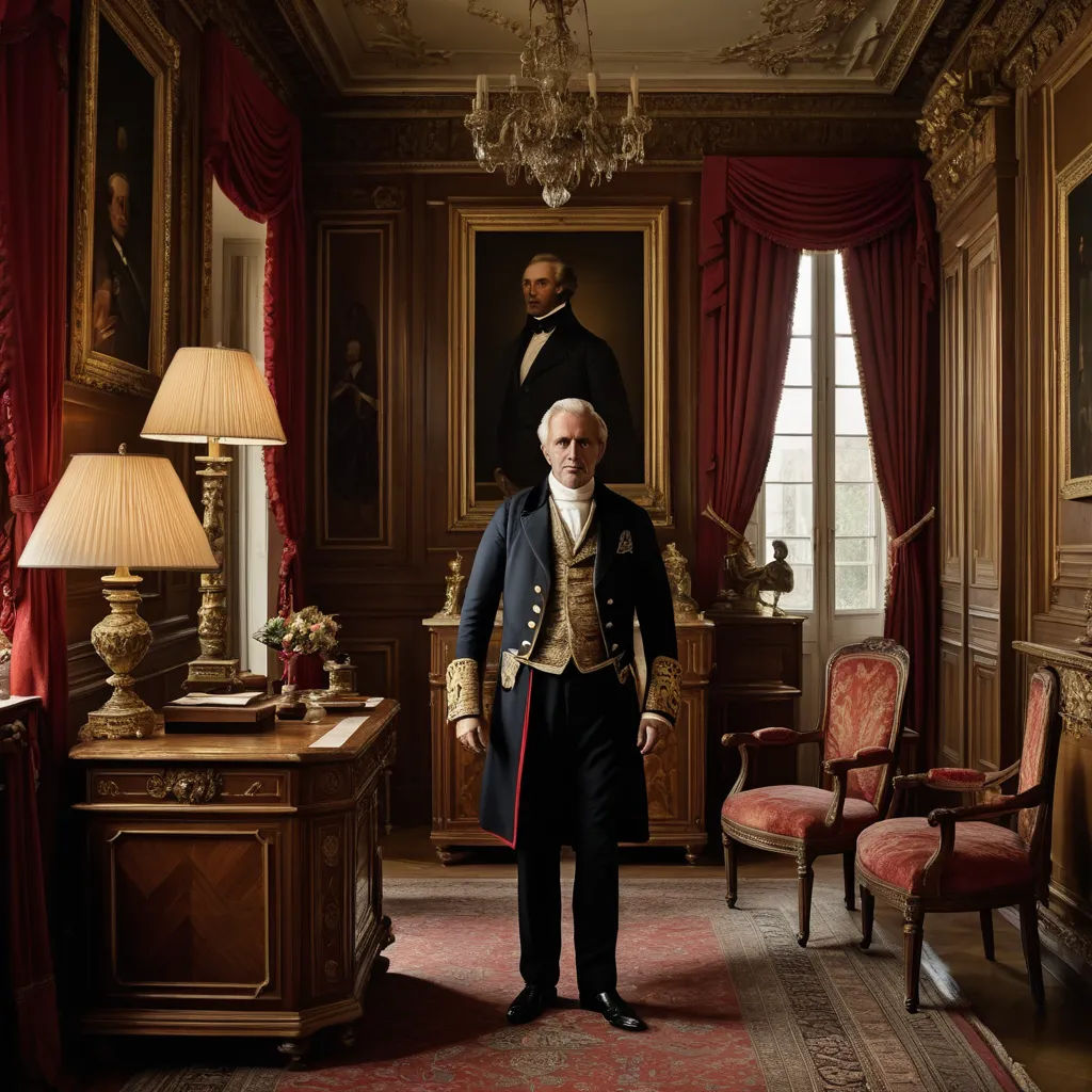 a man in a room with a chandelier and a chair and a table with a lamp on it, neoclassicism, a character portrait, Enguerrand Quarton, thierry doizon