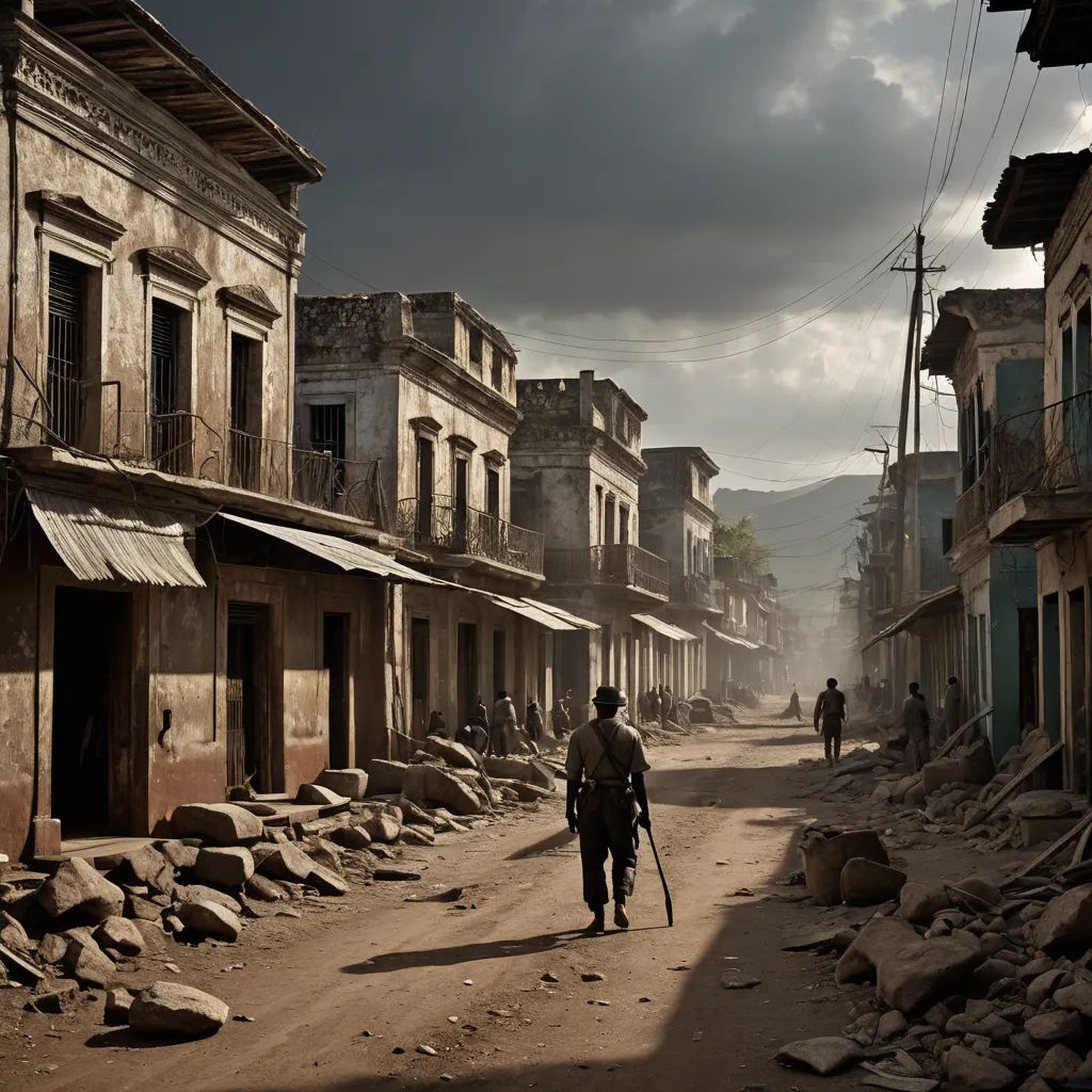 a man walking down a dirt road in a town with buildings and a sky background with clouds in the distance, art photography, a matte painting, Dirk Crabeth, cinematic photography