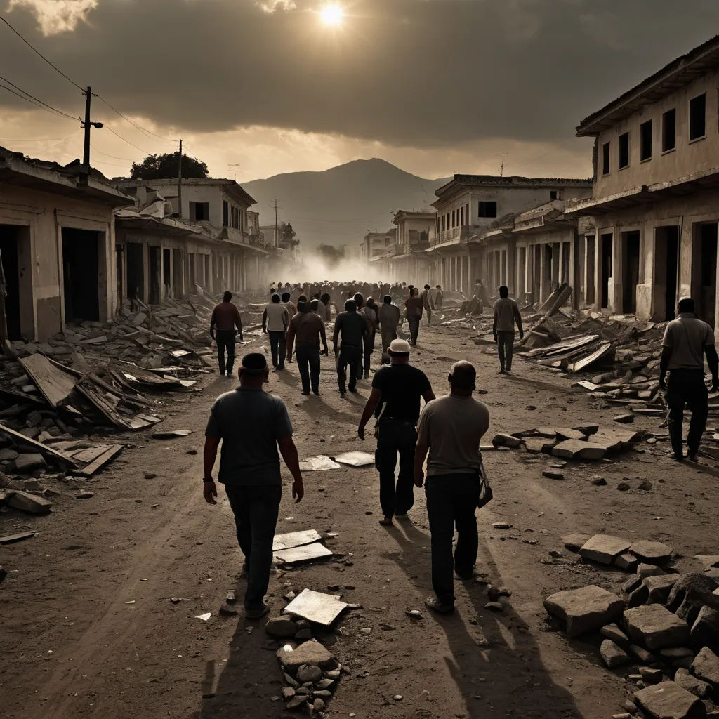a group of people walking down a street next to a building with rubble on it and a sun shining through the clouds, serial art, a detailed matte painting, Annie Leibovitz, award-winning photograph