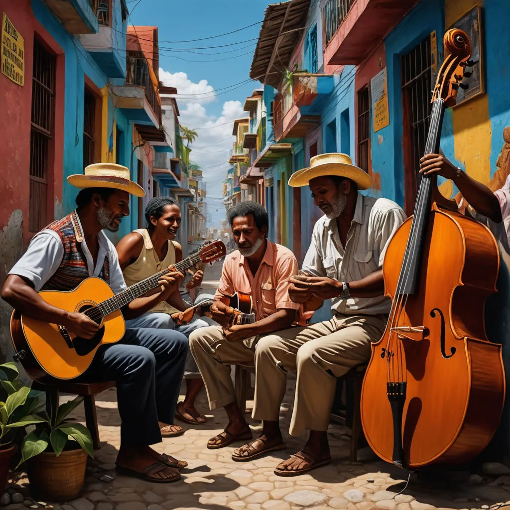 a group of men sitting on a street playing instruments and singing into a microphone and a guitar in front of them, figurative art, a photorealistic painting, Evgeny Lushpin, highly detailed oil painting