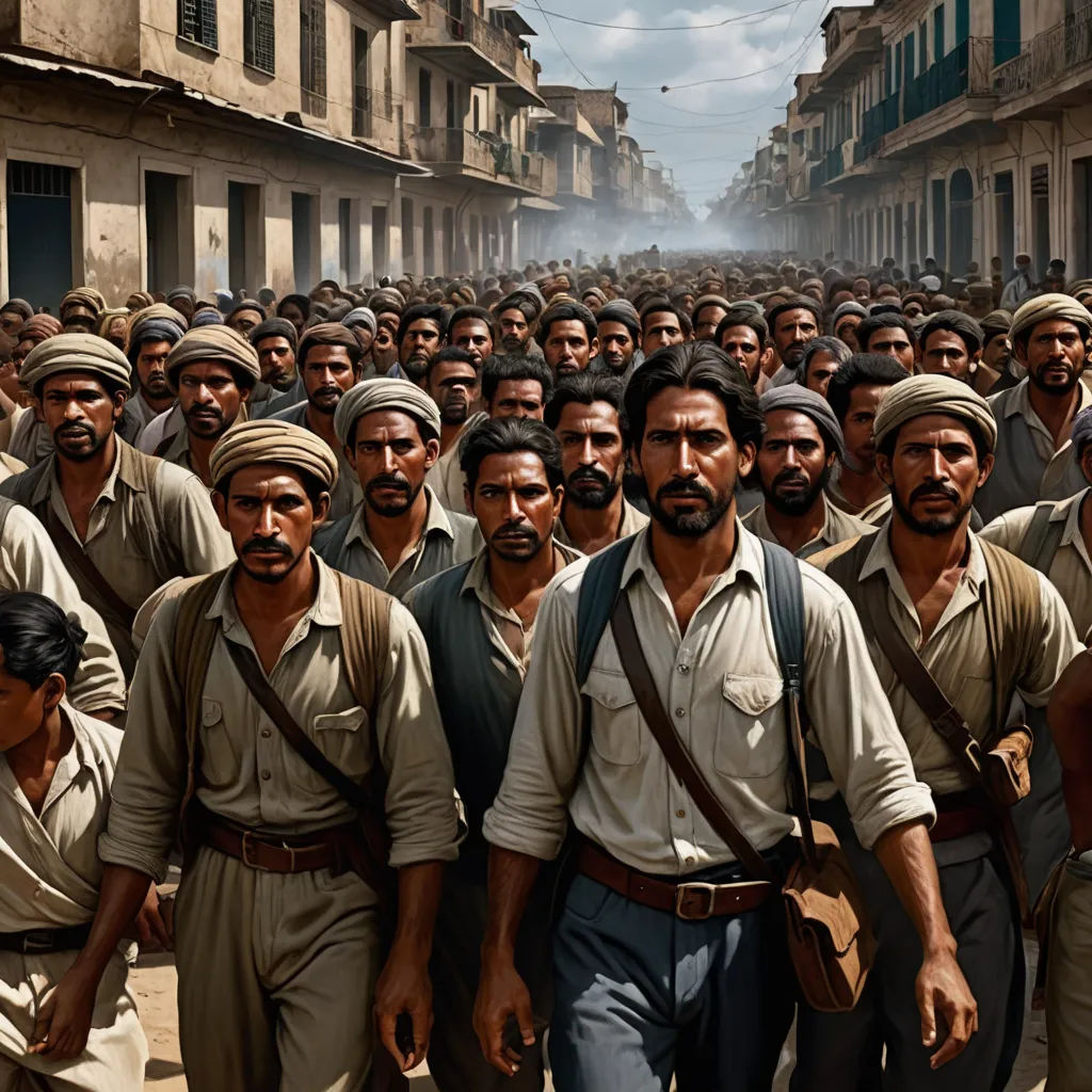 a large group of men walking down a street in a line of buildings in the distance, with a man in the middle of the group, hurufiyya, a colorized photo, Altoon Sultan, cinematic photography