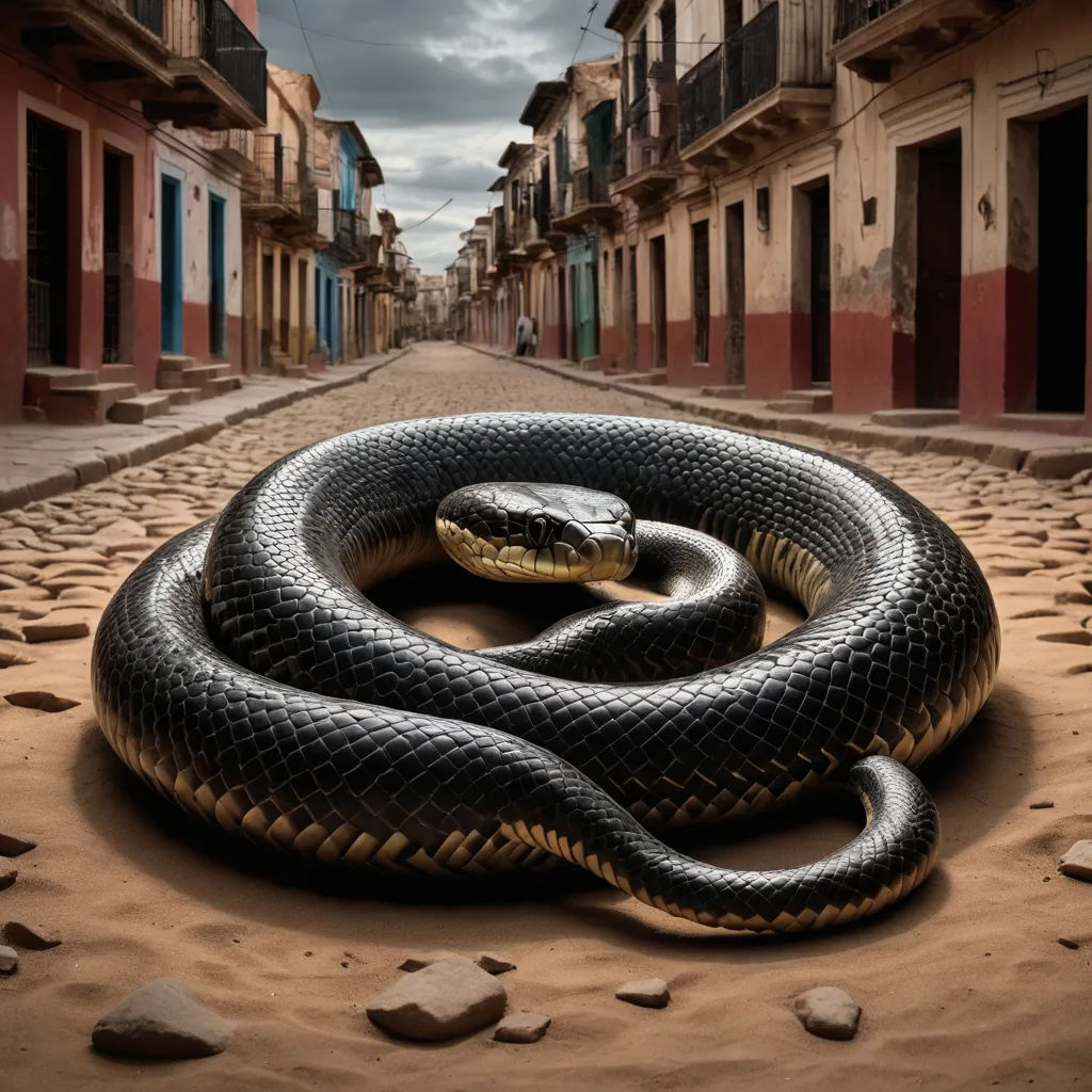 a snake is curled up on a street in a town with old buildings and cobblestones on the ground, cobra, a photorealistic painting, Arie Smit, highly detailed digital painting