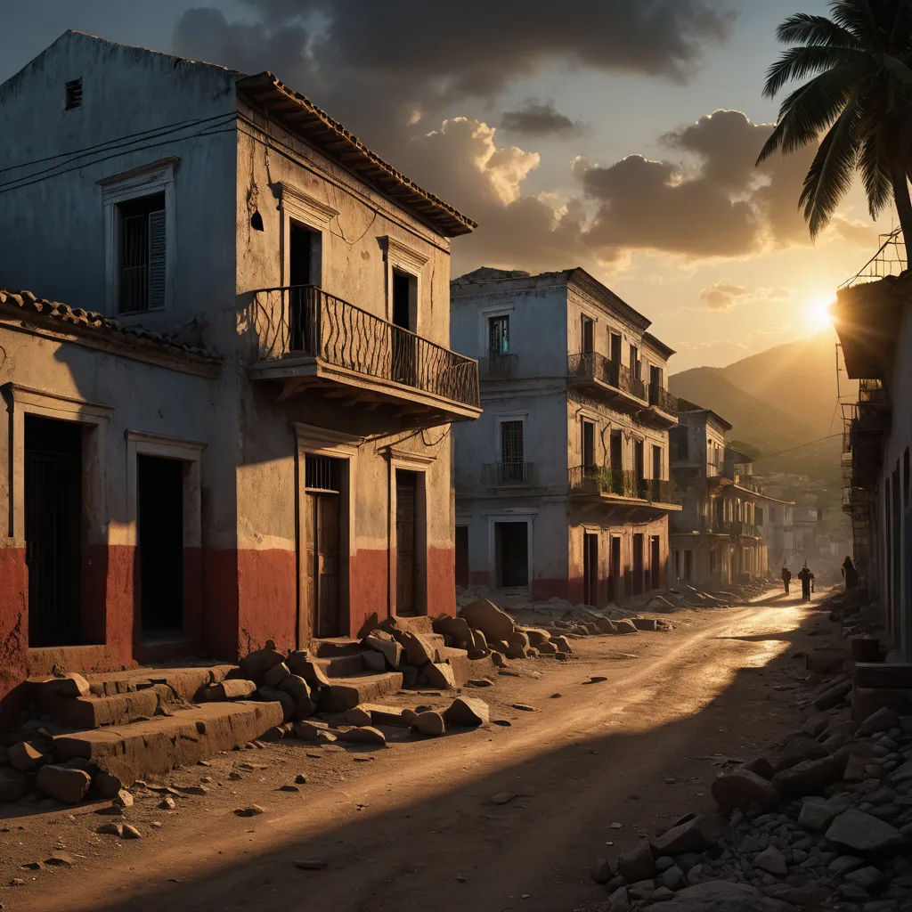 a dirt road with a building and a palm tree in the background at sunset or dawn with a person walking on the street, art photography, a matte painting, David Martin, cinematic photography