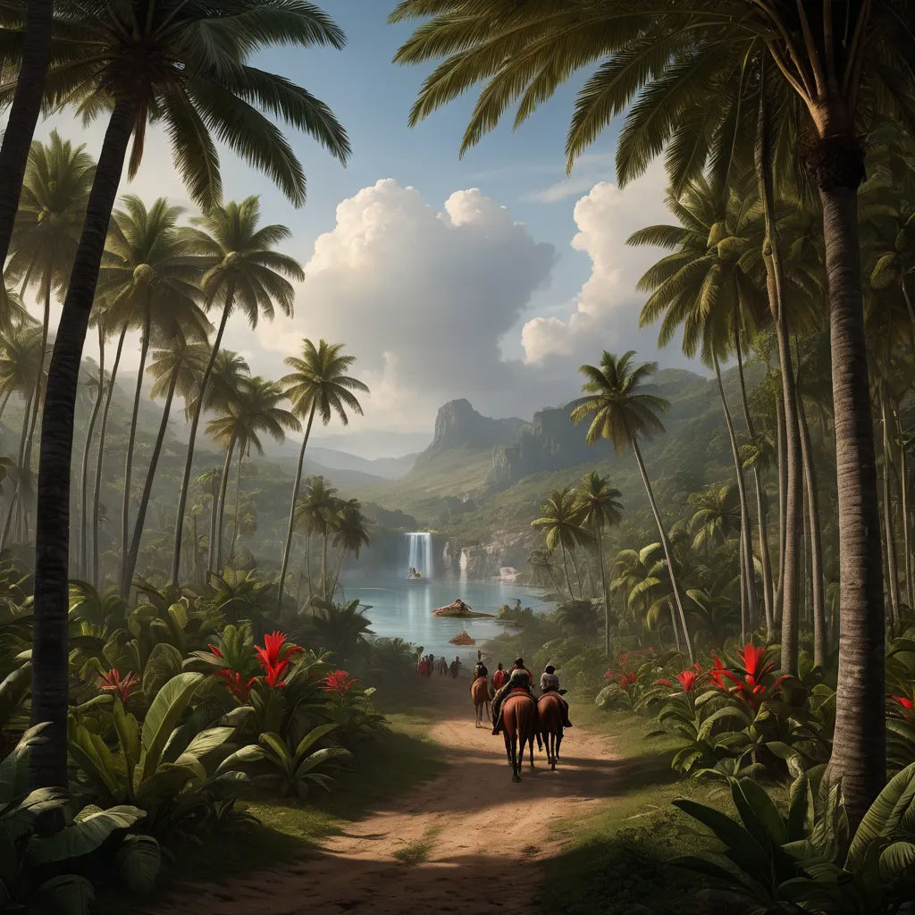 a painting of a tropical scene with horses and people riding down a dirt road surrounded by palm trees and water, fantasy art, a detailed matte painting, Chris LaBrooy, cinematic matte painting