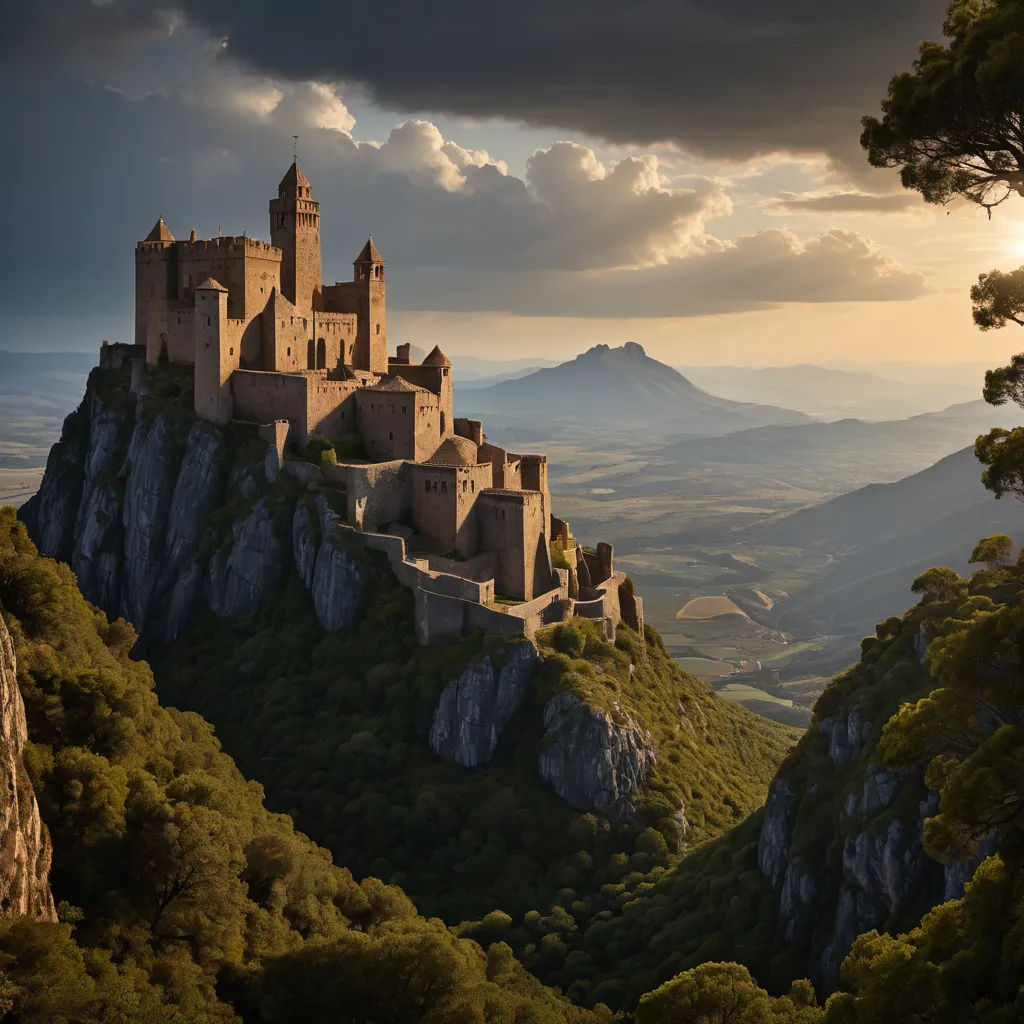 a castle on a mountain with a cloudy sky above it and a mountain below it with a few trees, romanesque, a matte painting, David Martin, medieval