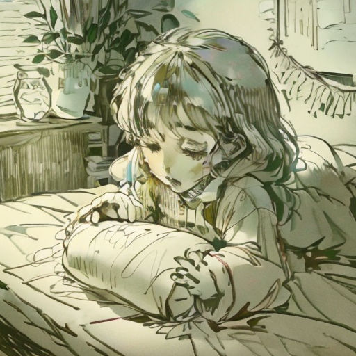 a little girl laying in bed with a pillow and a plant in the corner of the room behind her