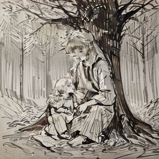 a drawing of a woman and child sitting under a tree in the woods with a dog on the ground