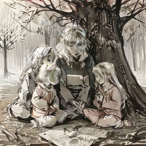 two girls sitting on the ground next to a tree in the snow, reading a book, and looking at a map