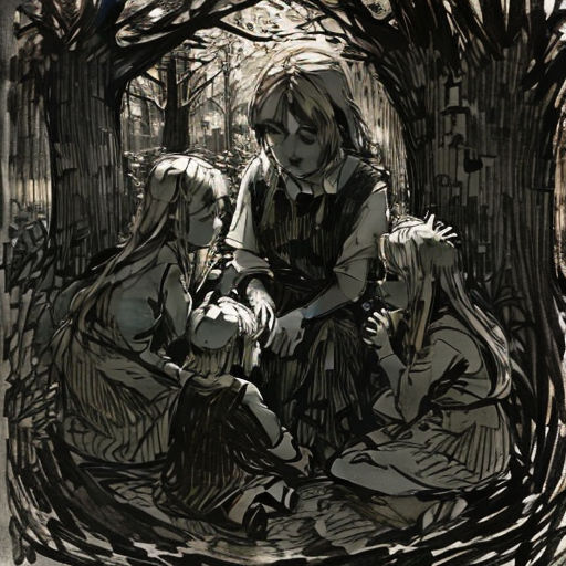 a drawing of three girls sitting in a forest with trees and leaves on the ground, one of them is holding a baby