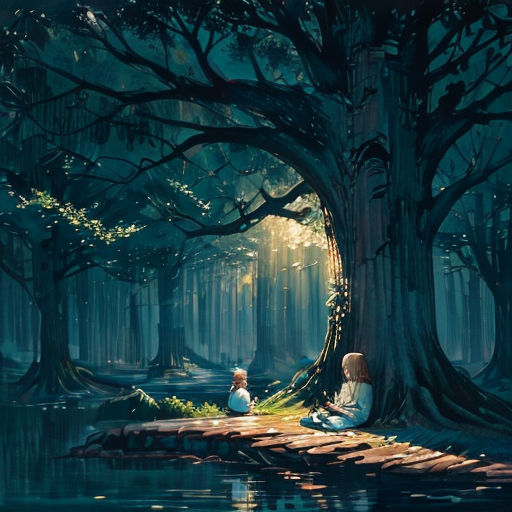 a painting of a person sitting on a dock in a forest with a tree and a lake in the foreground