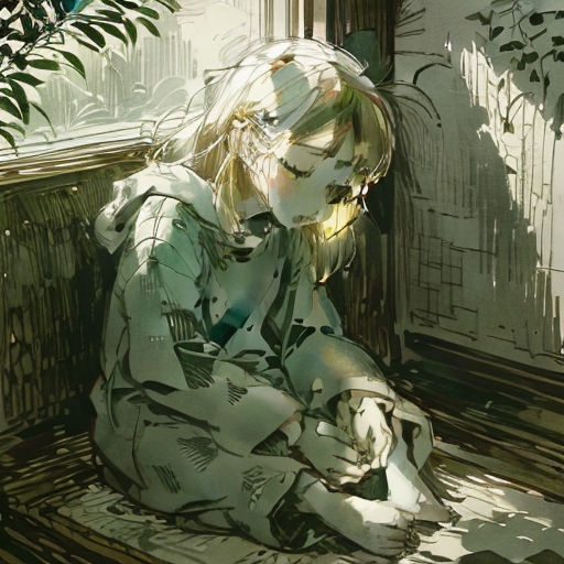 a painting of a girl sitting on a bench next to a plant and a window sill with a green plant in the background