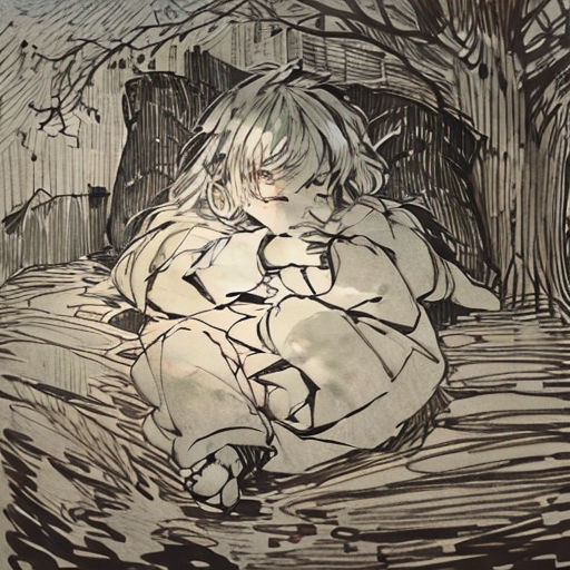 a drawing of a child sitting on a bed in a forest with a tree in the background and a bird flying overhead