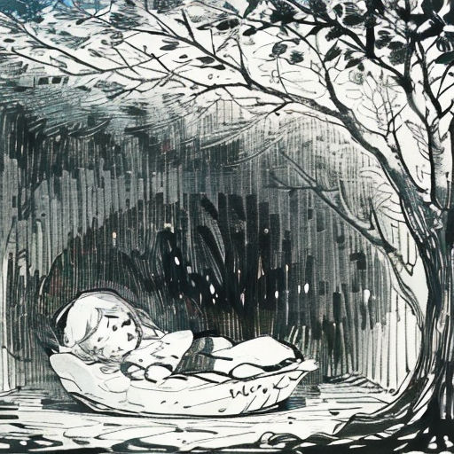 a drawing of a baby in a boat in the woods with trees and water in the background, with a person laying down