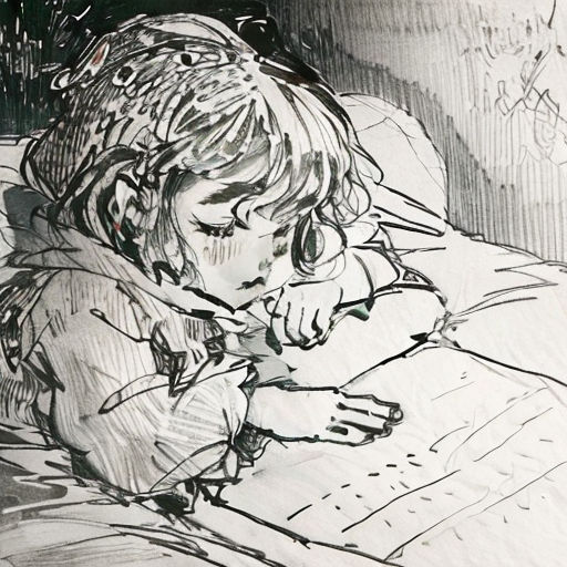 a drawing of a child laying in bed with a pillow on it's side and a book in his hand