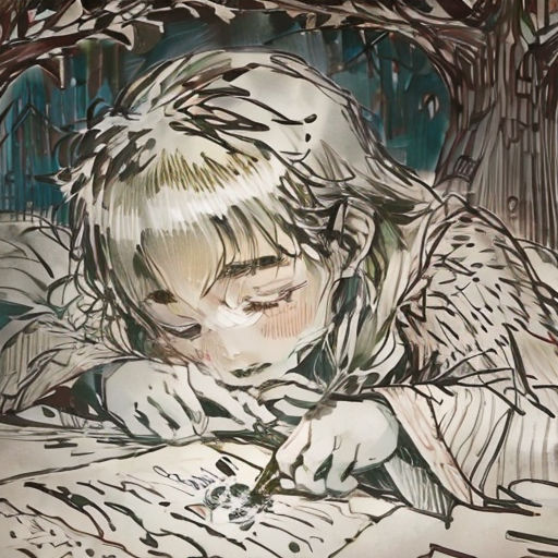 a drawing of a child writing on a paper with a pen and ink pen in it, with a tree in the background